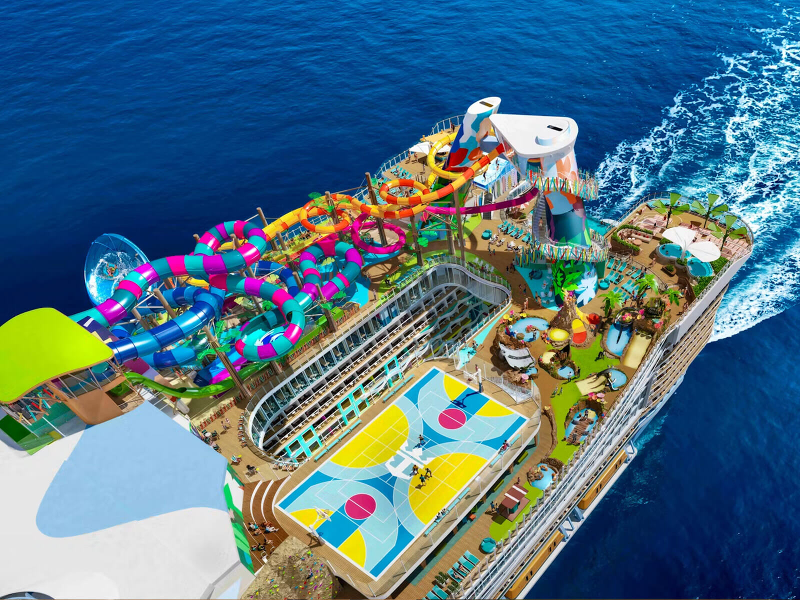 Aerial view of Legend of the Seas' aft decks and waterpark